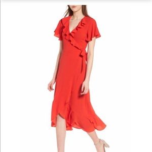 Fiery Red Orange Ruffled Midi Wrap Dress
